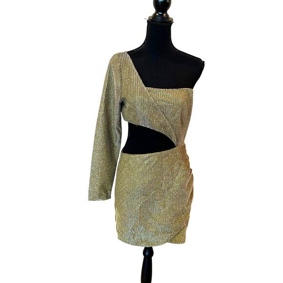 Revolve Superdown Gold One Shoulder Mini Dress LARGE Ruched Cut Out Metallic NEW - Picture 5 of 9